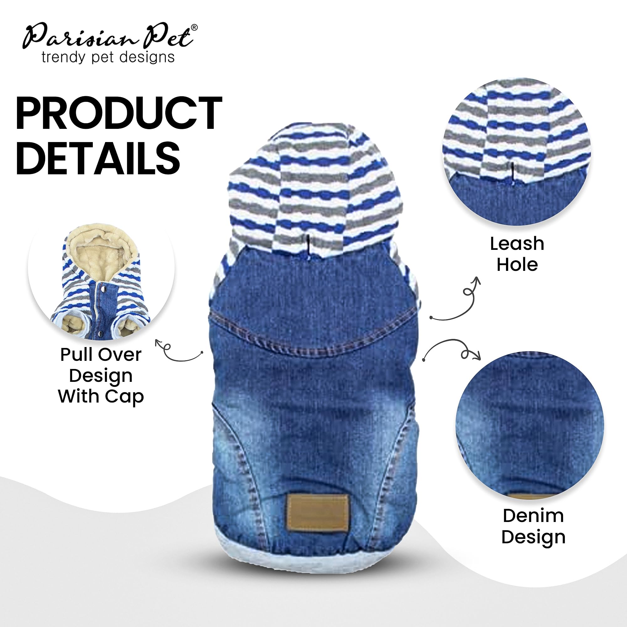Parisian Pet Basic Hoodie - Lightweight Denim Striped Sweatshirt For Dogs With Leash Hole And Pockets - Blue Cotton Clothes For